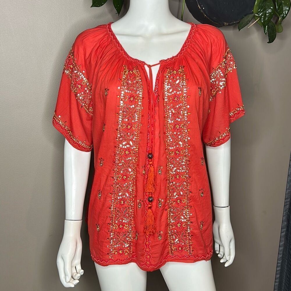 Calypso St. Barth Red Embellished Scoop Neck Blouse Large Gold Sequins